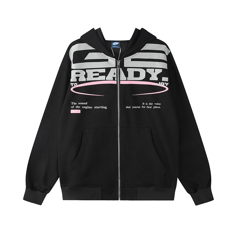 Damen Kapuzen-Sweatjacke mit durchgehendem Reißverschluss, Oversize-Schnitt und Statement-Frontprint Echoarchiv