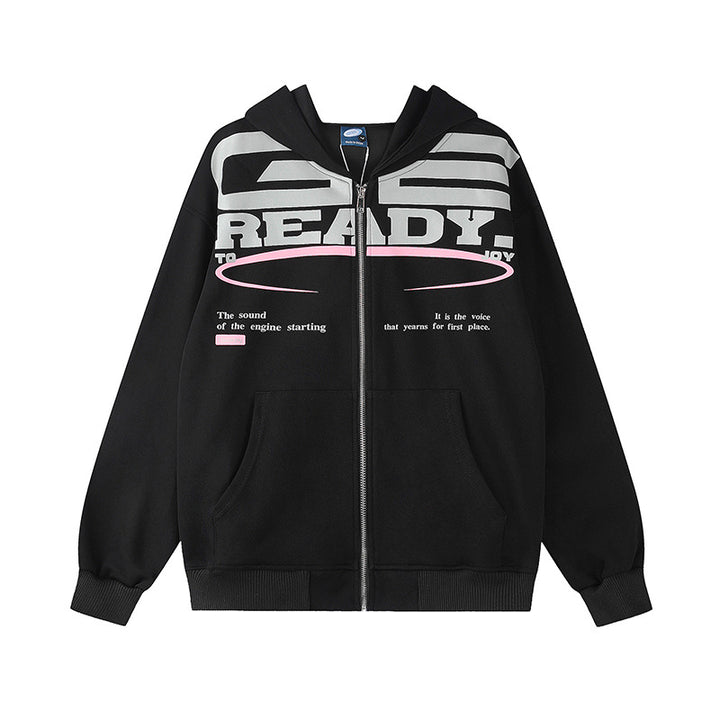 Damen Kapuzen-Sweatjacke mit durchgehendem Reißverschluss, Oversize-Schnitt und Statement-Frontprint Echoarchiv