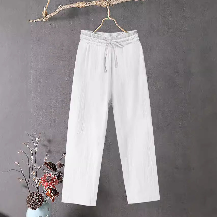 Damen Crinkle Leinenmischung Hose mit elastischem Kordelzug, gerade Beinform und lässiger Passform – Avélisse
