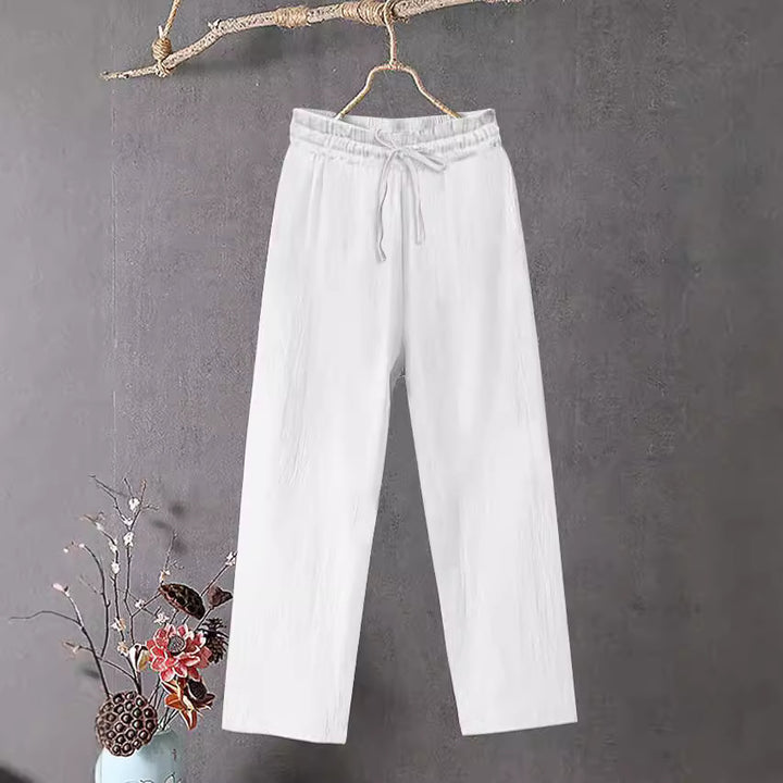 Damen Crinkle Leinenmischung Hose mit elastischem Kordelzug, gerade Beinform und lässiger Passform – Avélisse