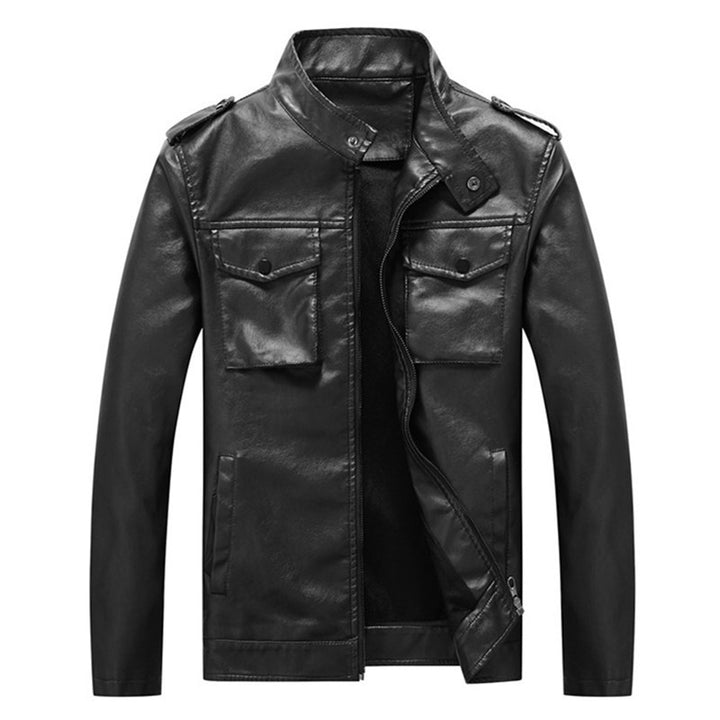 Herren Kunstlederjacke im Fieldstil mit Stehkragen, Schulterpatten und Brustklappentaschen – Taviero