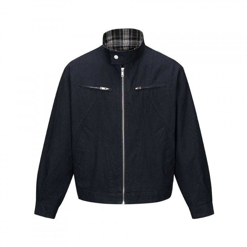 Herren Kurz geschnittene Canvas-Blousonjacke mit Stehkragen, Reißverschlusstaschen und kariertem Futter Echo Archiv