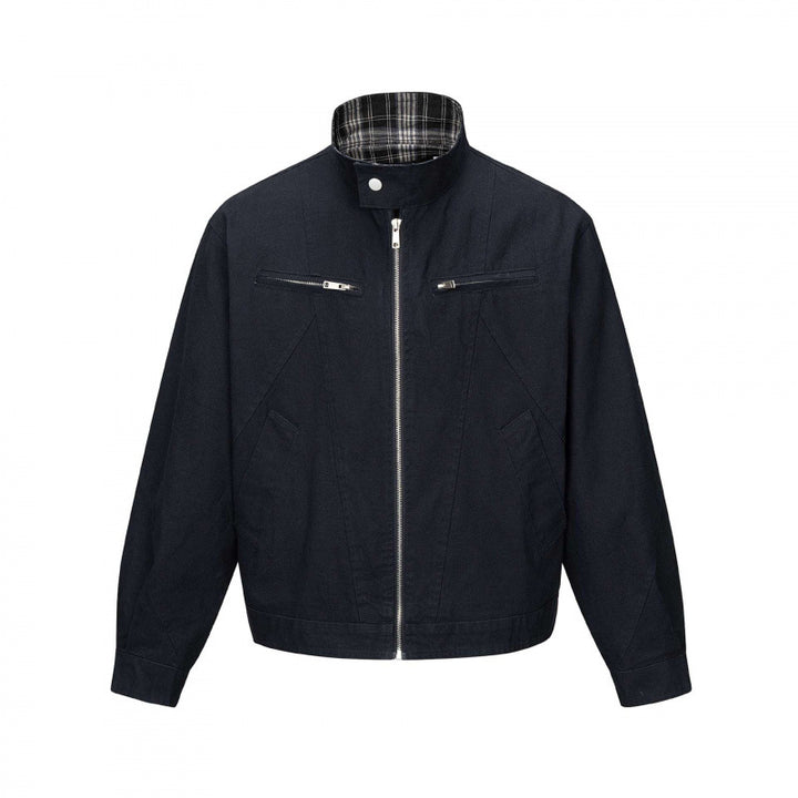Herren Kurz geschnittene Canvas-Blousonjacke mit Stehkragen, Reißverschlusstaschen und kariertem Futter Echo Archiv