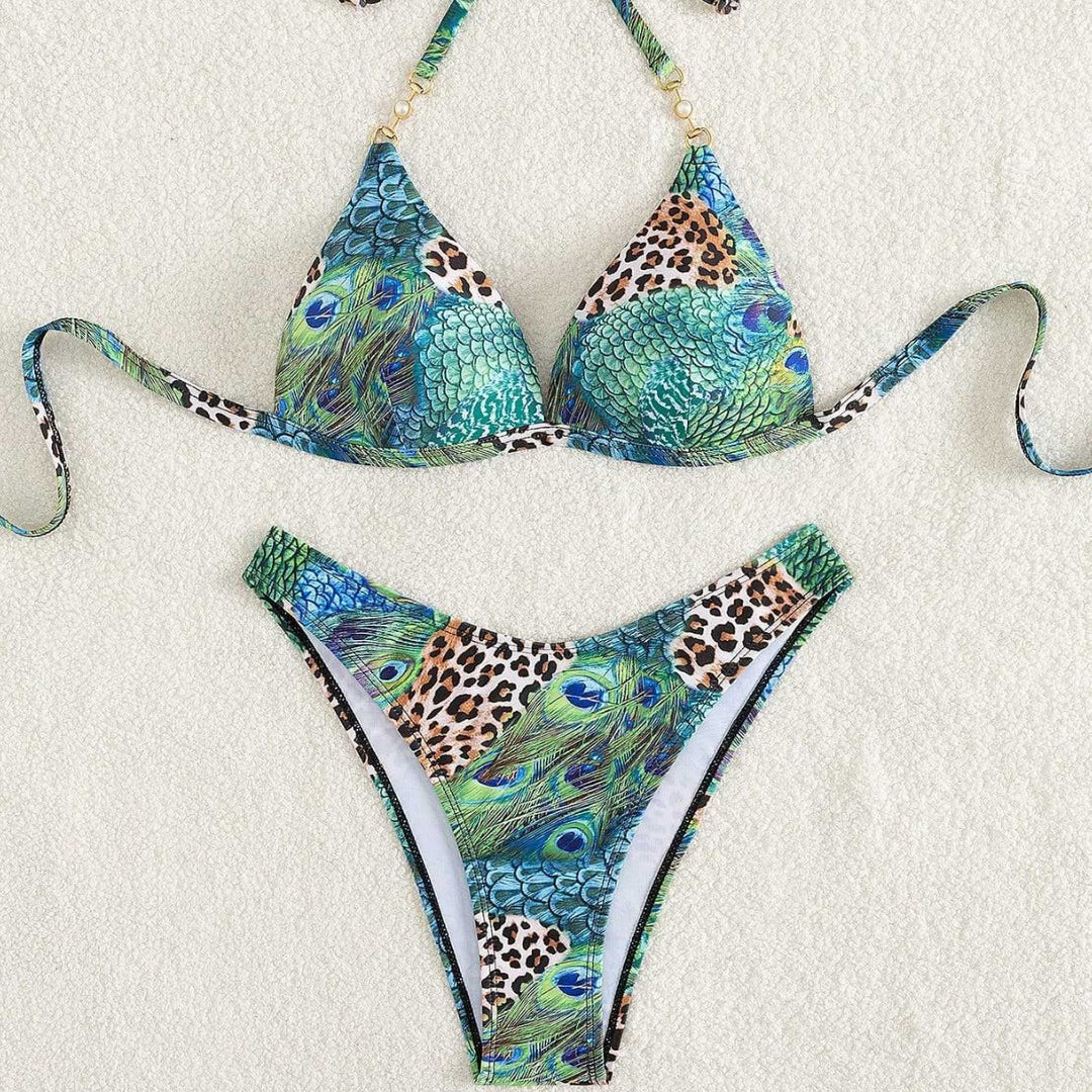 Damen Triangel-Bikini mit lebendigem Tier- und Pfauenmotiv Echo Archiv