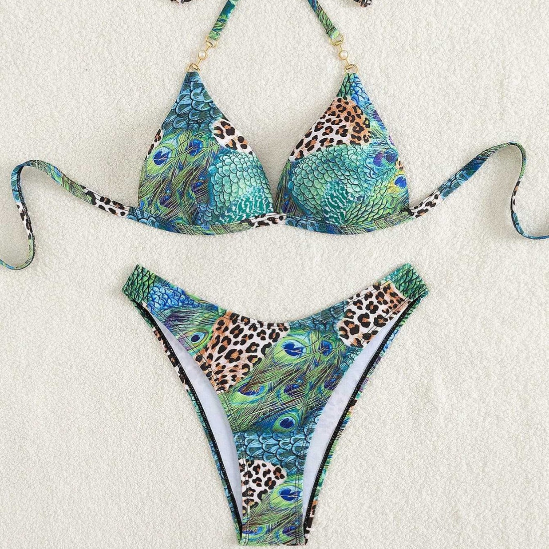 Damen Triangel-Bikini mit lebendigem Tier- und Pfauenmotiv – Maréssa