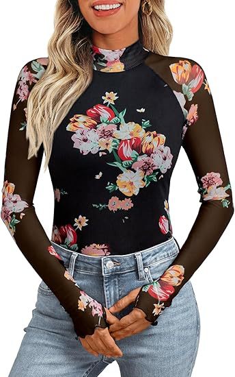 Damen Transparentes Mesh-Longsleeve mit Blumenprint und Stehkragen – Avérine