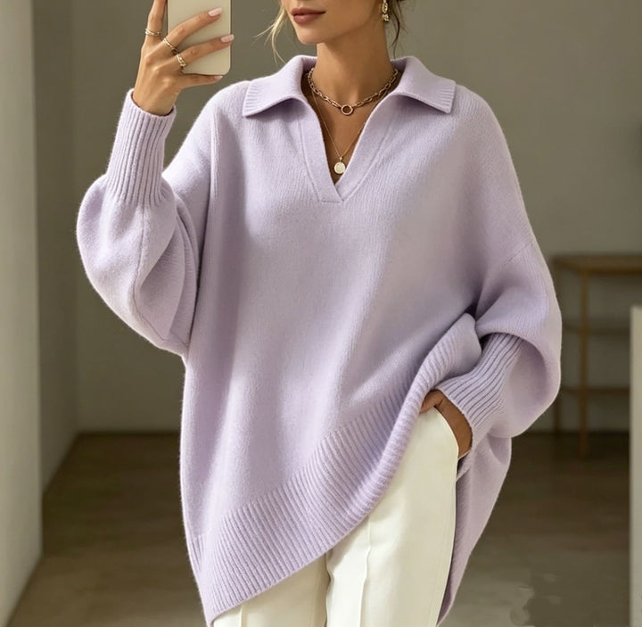 Damen Oversize-Polokragen V-Ausschnitt Strickpullover mit Ballonärmeln – Mavelle