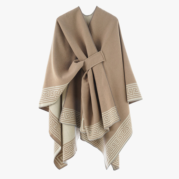 Damen Wendbarer Poncho aus Kaschmir‑Mischung mit grafischem Bordürenprint und Taillengürtel – Avérine