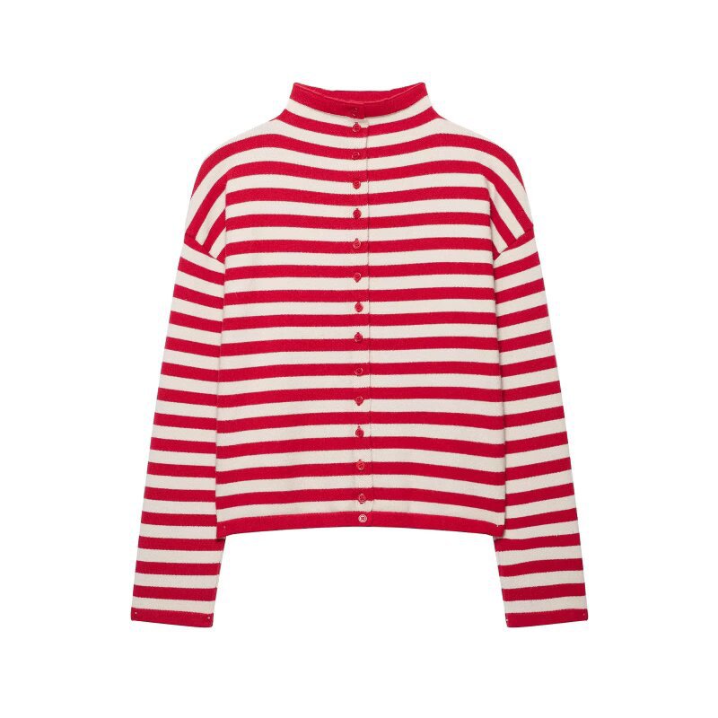 Damen gestreifter Feinstrick-Cardigan mit Stehkragen und durchgehender Knopfleiste Echo Archiv