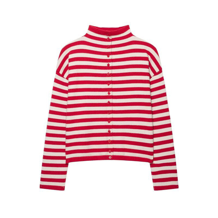 Damen gestreifter Feinstrick-Cardigan mit Stehkragen und durchgehender Knopfleiste Echo Archiv
