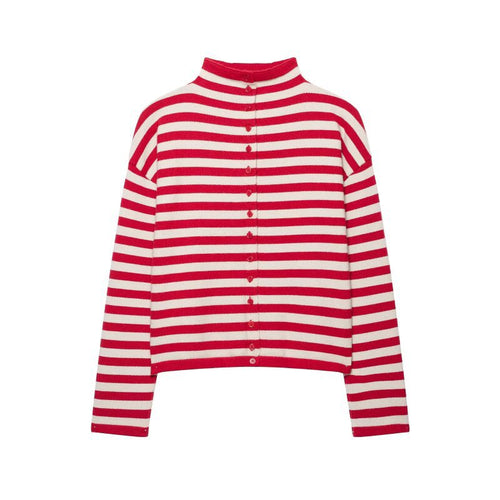 Damen gestreifter Feinstrick-Cardigan mit Stehkragen und durchgehender Knopfleiste Echo Archiv