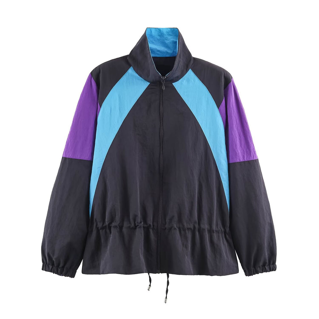 Damen Retro-Colorblock Windbreaker mit Tunnelzug und Stehkragen Echoarchiv
