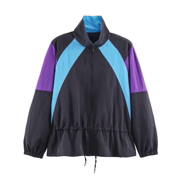Damen Retro-Colorblock Windbreaker mit Tunnelzug und Stehkragen Echoarchiv