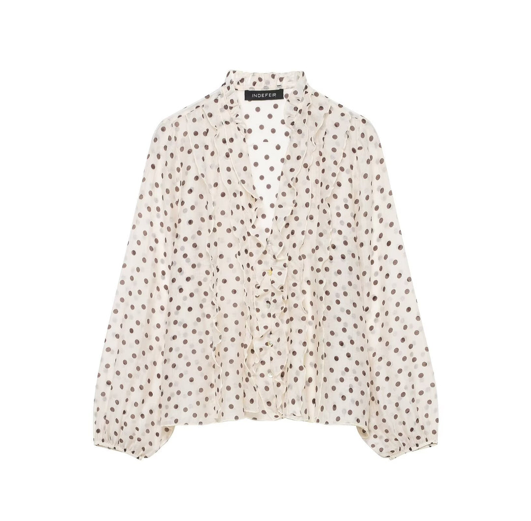Damen Leichte Chiffon-Bluse mit Volantknopfleiste und Ballonärmeln Echo Archiv