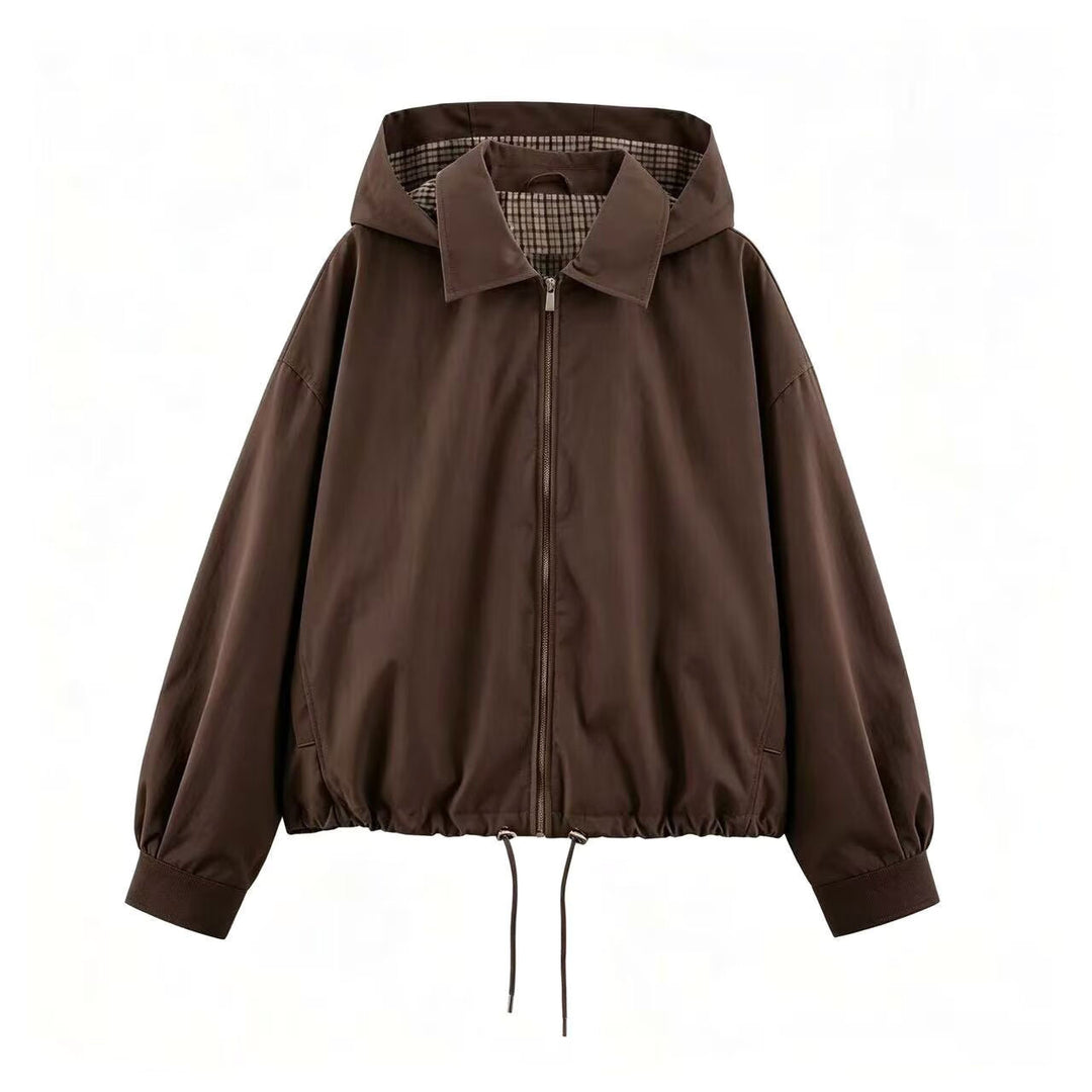 Damen Leichte Kapuzenjacke im Cropped-Oversize-Schnitt mit Tunnelzugsaum und verdecktem Reißverschluss Echoarchiv