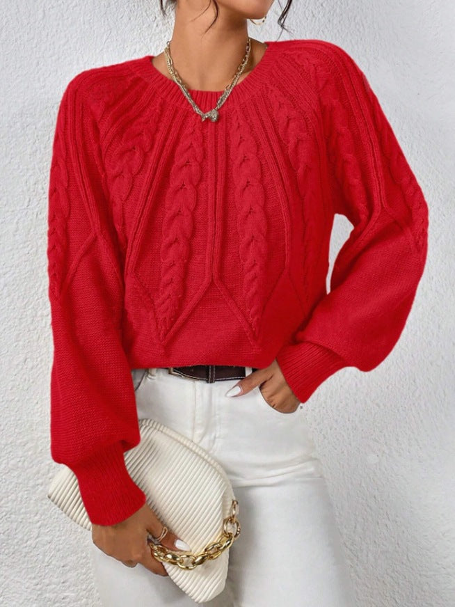 Damen nan kurzer Zopfmuster-Strickpullover mit Ballonärmeln und geripptem Saum Echo Archiv