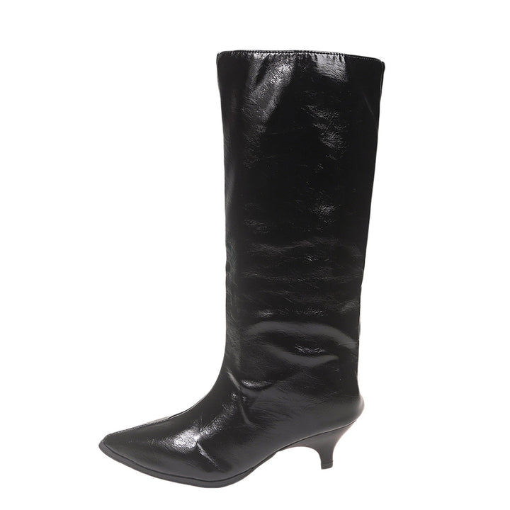 Damen Kniehohe Lackstiefel mit spitzer Zehenform und niedrigem Kitten‑Absatz – Lioré