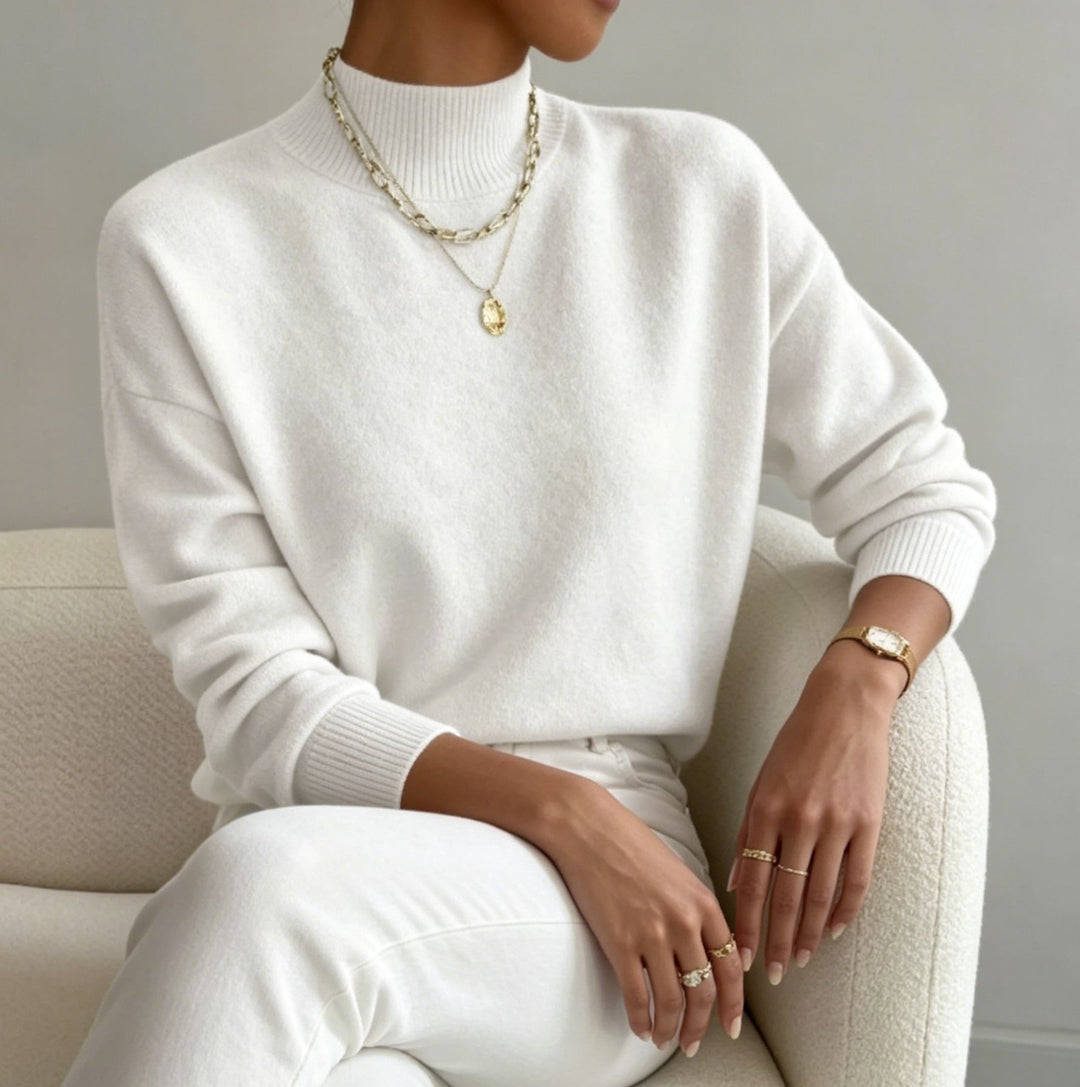 Damen kuscheliger Feinstrickpullover mit Stehkragen und überschnittener Schulter – Mavelle