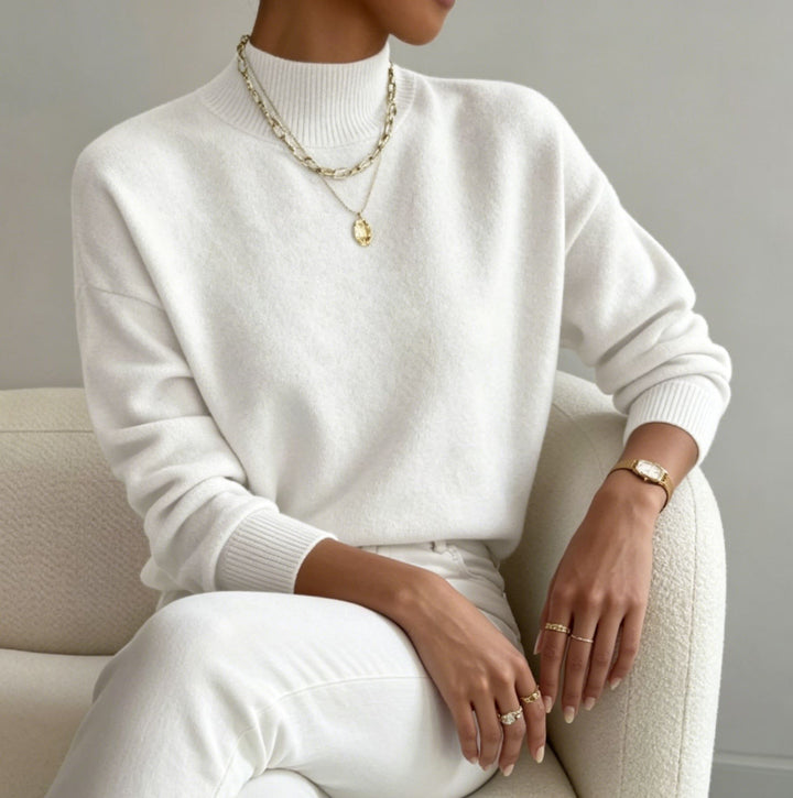 Damen kuscheliger Feinstrickpullover mit Stehkragen und überschnittener Schulter – Mavelle