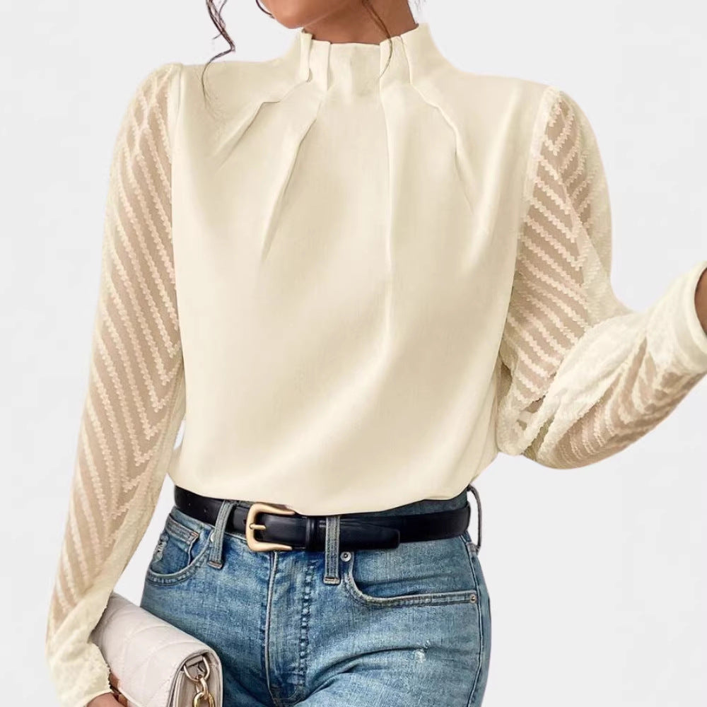 Damen Elegante Chiffonbluse mit Stehkragen, Faltenkante und transparenten Jacquard-Ärmeln – Élovi