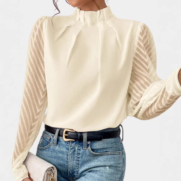 Damen Elegante Chiffonbluse mit Stehkragen, Faltenkante und transparenten Jacquard-Ärmeln – Élovi