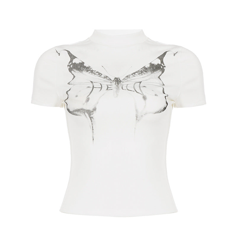 Damen figurbetontes Kurzarmshirt mit exklusivem Schmetterlings-Print Echo Archiv