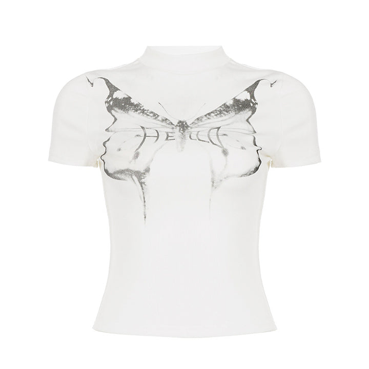 Damen figurbetontes Kurzarmshirt mit exklusivem Schmetterlings-Print Echo Archiv
