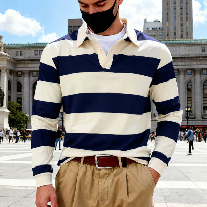 Herren Maritim inspiriertes Rugby-Langarmshirt aus Baumwollmix mit Polokragen und robusten Bündchen – Cavello