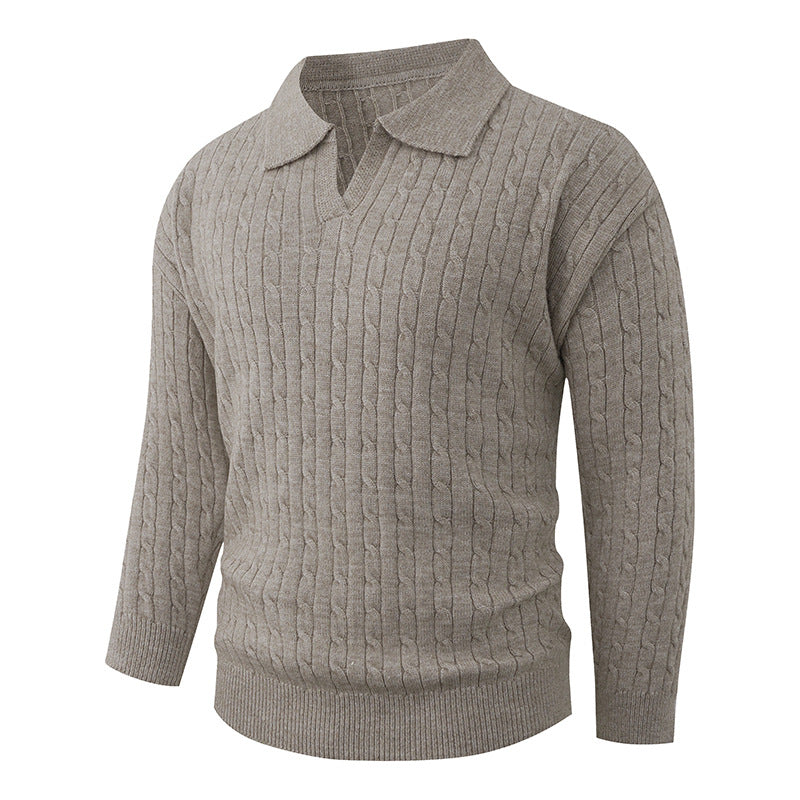 Herren Kabelstrick-Polo-Pullover mit V-Ausschnitt und Zopfmuster Echo Archiv
