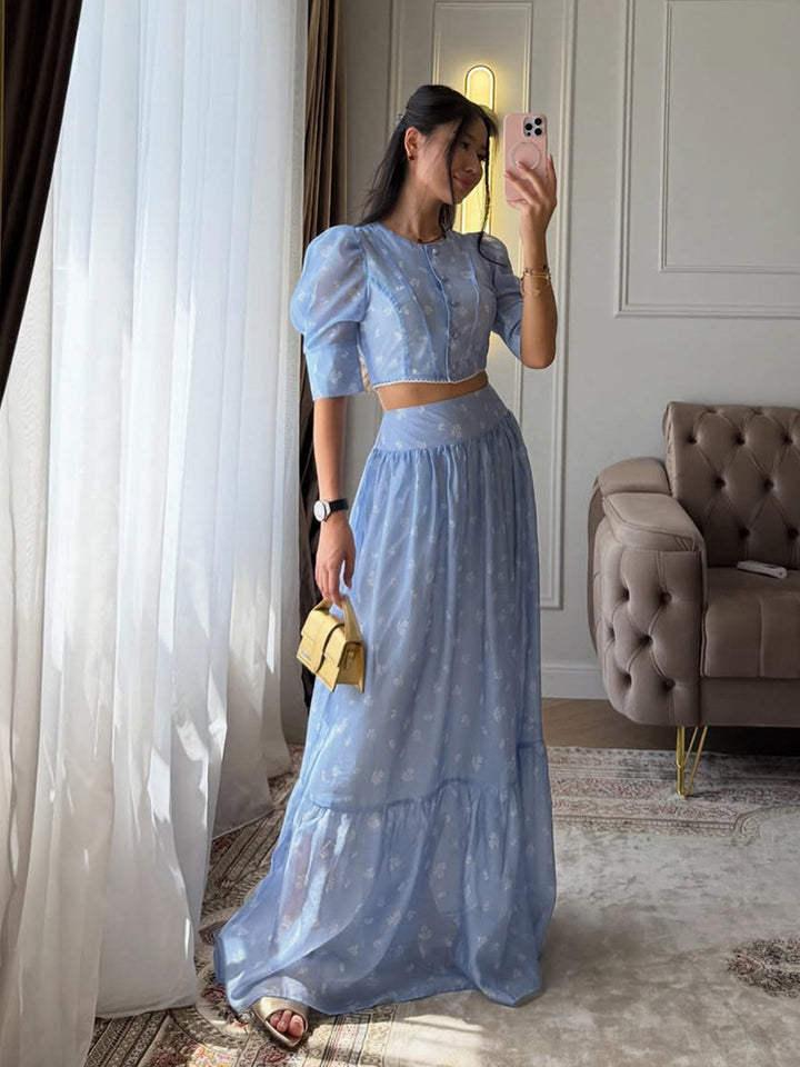 Damen Zweiteiliges Chiffon-Set mit Cropped-Puffbluse und Stufen-Maxirock Echoarchiv