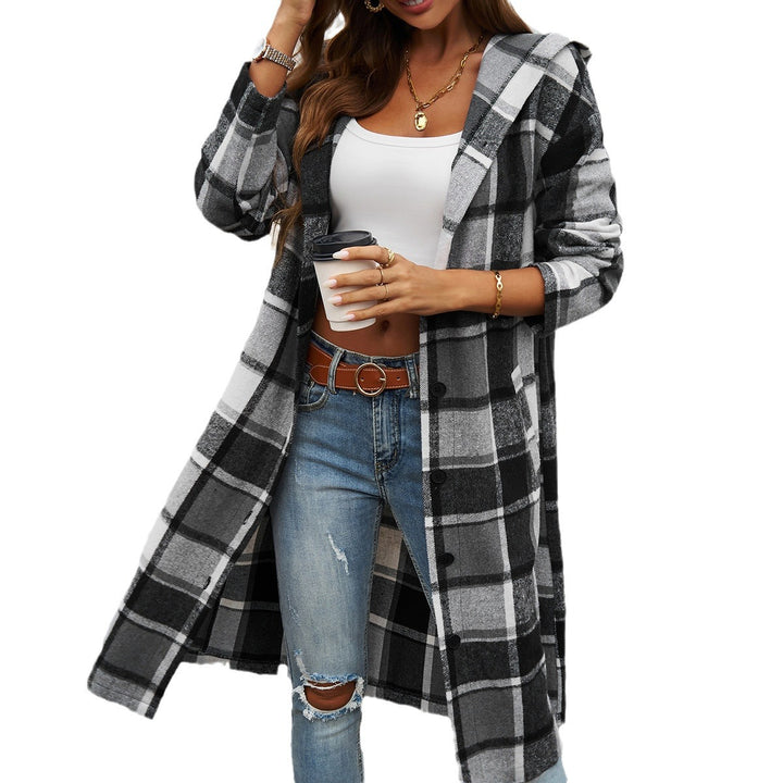 Damen nan lockeres Kapuzen-Hemdkleid mit karierter Flanelloptik, durchgehender Knopfleiste und hohem Beinschlitz Echo Archiv