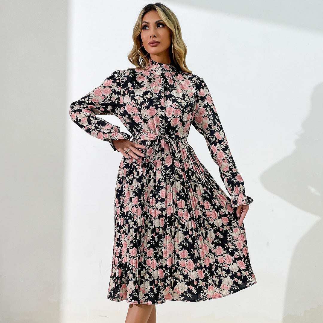 Damen Midikleid mit Blumenprint, Plissée‑Rock, Stehkragen und Bindegürtel Echoarchiv
