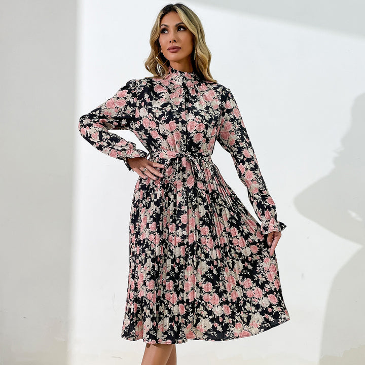 Damen Midikleid mit Blumenprint, Plissée‑Rock, Stehkragen und Bindegürtel Echoarchiv