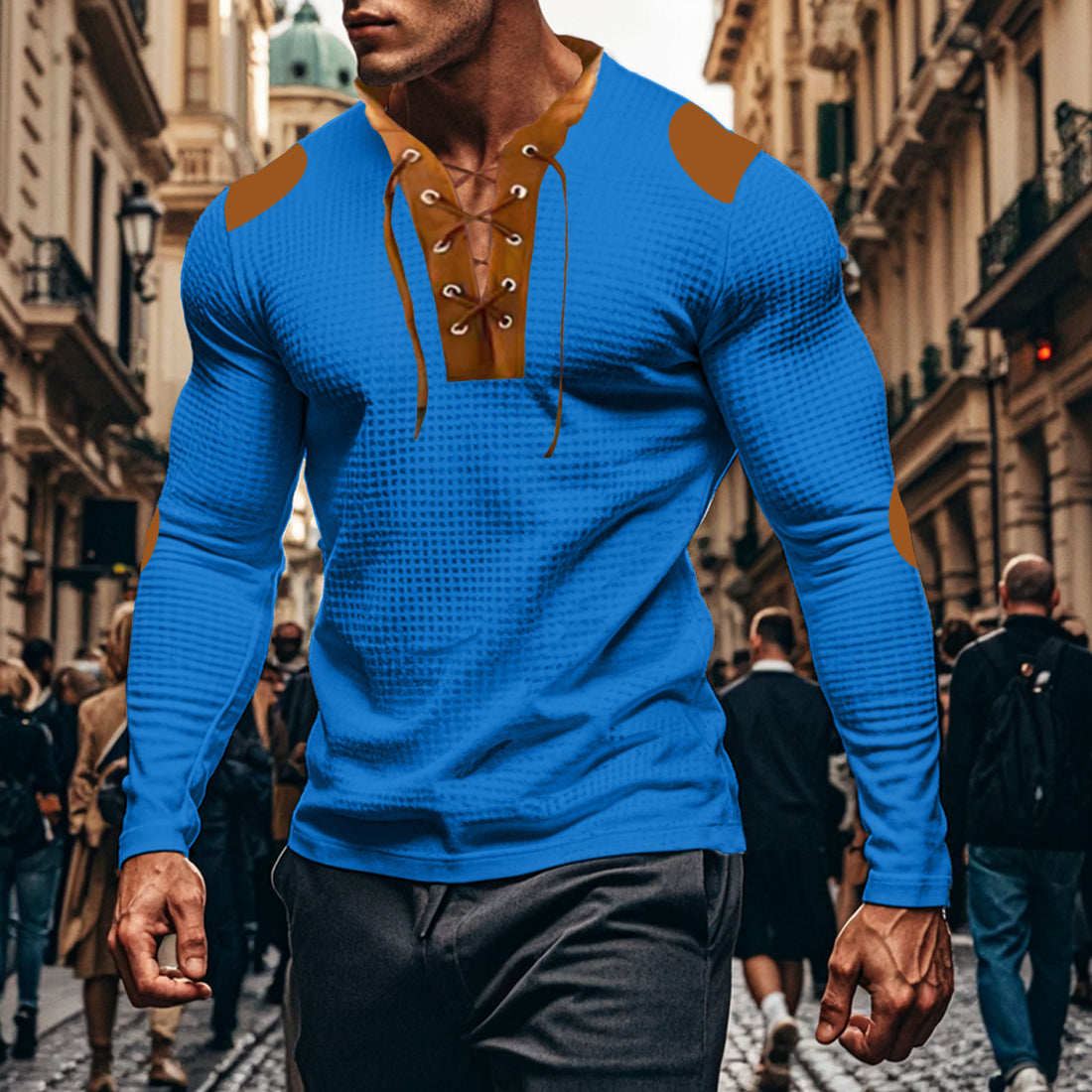Herren langärmliges Henley-Shirt mit dekorativem Schnürdesign – Arvello