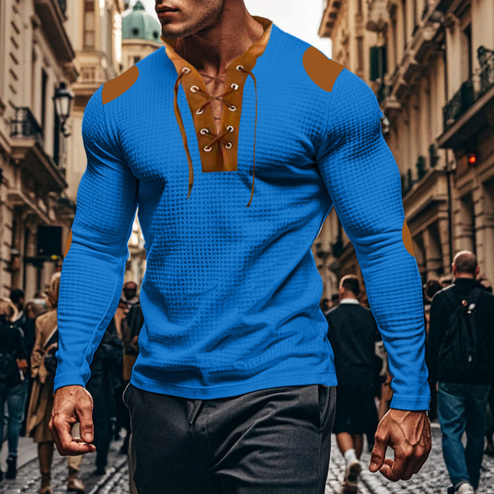 Herren langärmliges Henley-Shirt mit dekorativem Schnürdesign Echoarchiv