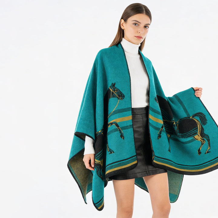 Damen Poncho-Cape aus Wollmix mit gewebtem Pferde-Jacquard und kontrastkettelung – Avérine