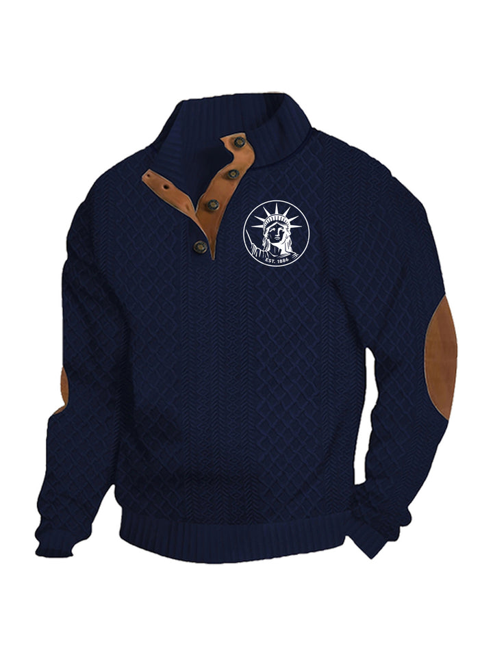 Herren nan Heritage-Strukturpullover mit Stehkragen Lederimitat-Besatz Ellenbogen-Patches und Halbknopfleiste Echo Archiv