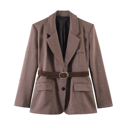 Damen Taillierter Einreihiger Blazer mit Gürtel und tonalem Nadelstreifen Echo Archiv