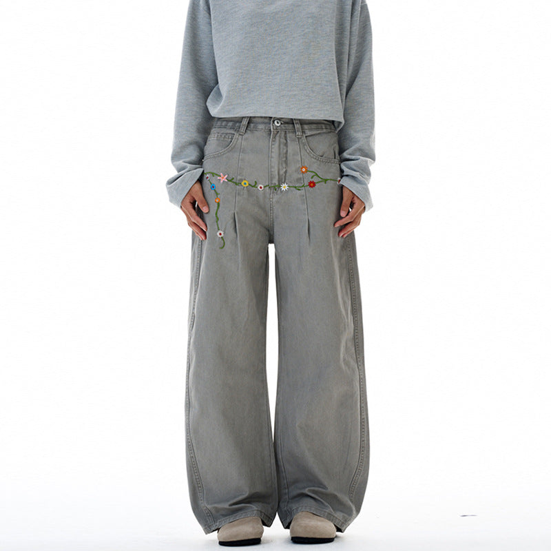 Damen Extraweite Denim-Palazzohose mit floraler Stickerei Echo Archiv