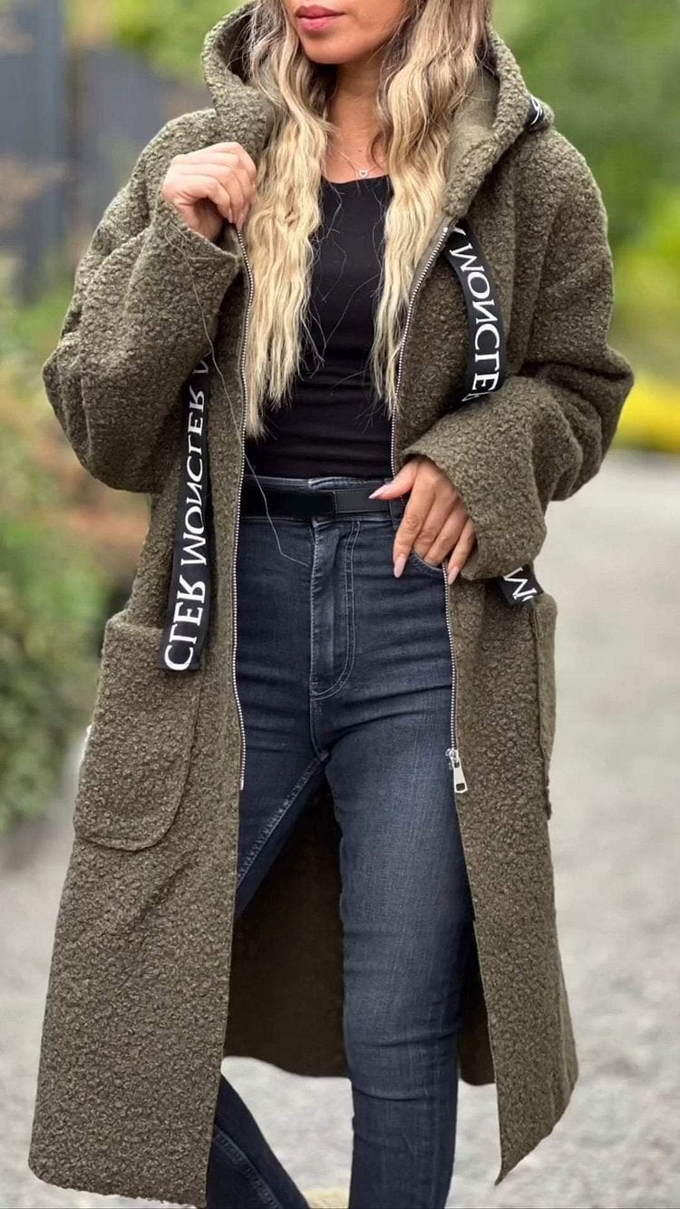 Damen Modischer Oversized-Fleece-Mantel mit praktischen Taschen und Kapuze Echoarchiv