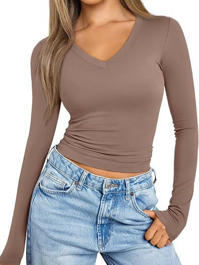 Damen Figurnahes Langarm-Cropped-Shirt mit V-Ausschnitt und elastischem Taillenbund Echo Archiv