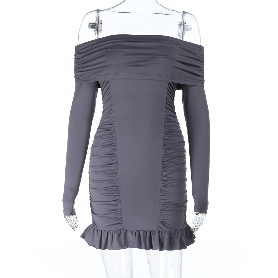 Damen Schulterfreies tailliertes Rüschen-Minikleid mit langen Ärmeln – Avérine
