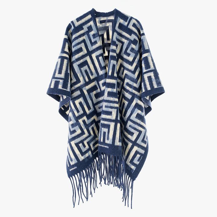 Damen Geometrischer Jacquard-Capeponcho mit Fransen und offenem Fall – Avérine