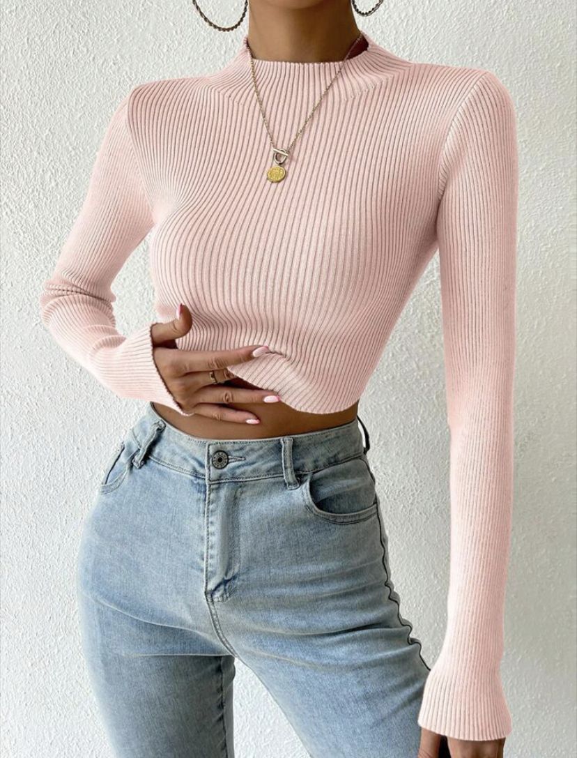 Damen Gerippter Cropped Feinstrickpullover mit Stehkragen – Mavelle