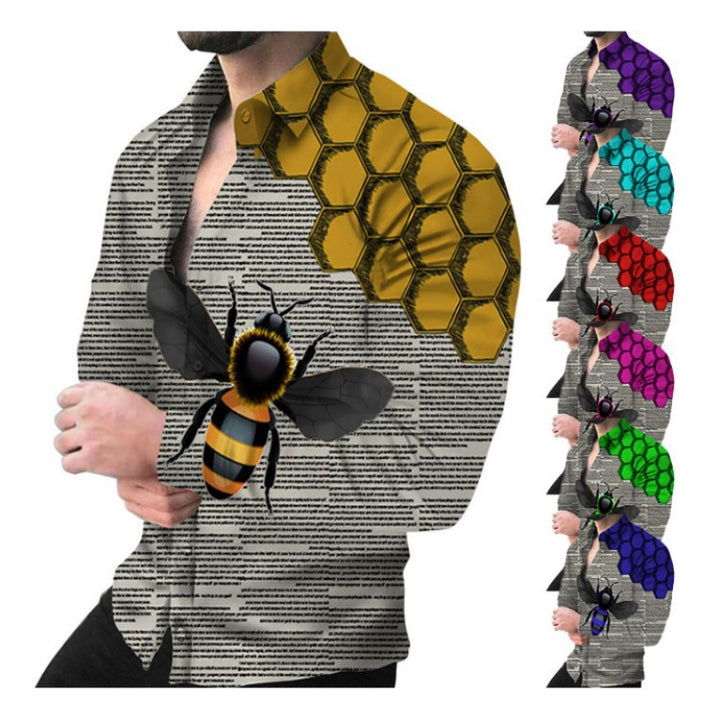 Herren Kreatives Langarmhemd mit künstlerischem Bienenmuster und strukturiertem Design Echoarchiv