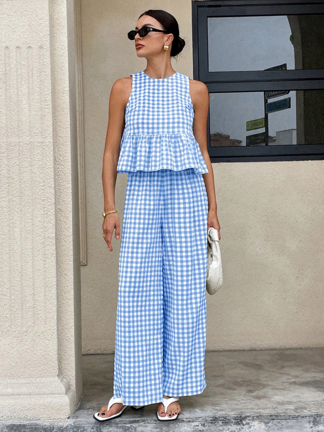 Damen Zweiteiliges Vichy-Karo-Set mit tailliertem Volanttop und weiter Palazzo-Hose Echo Archiv