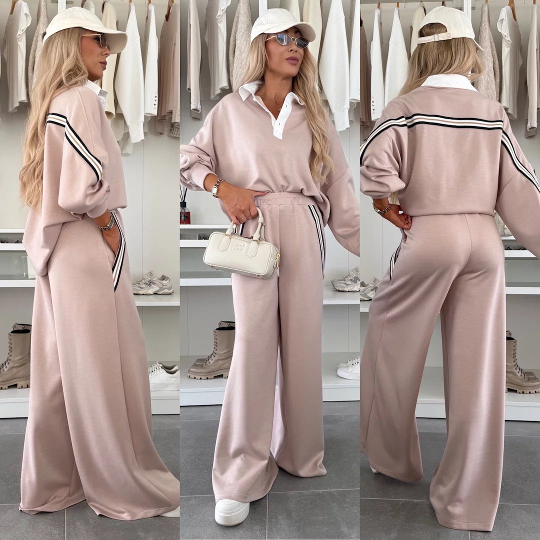 Damen modisches Relax-Set mit Polokragen, markanten Paspelstreifen und weitem Palazzo-Jogger – Élanora
