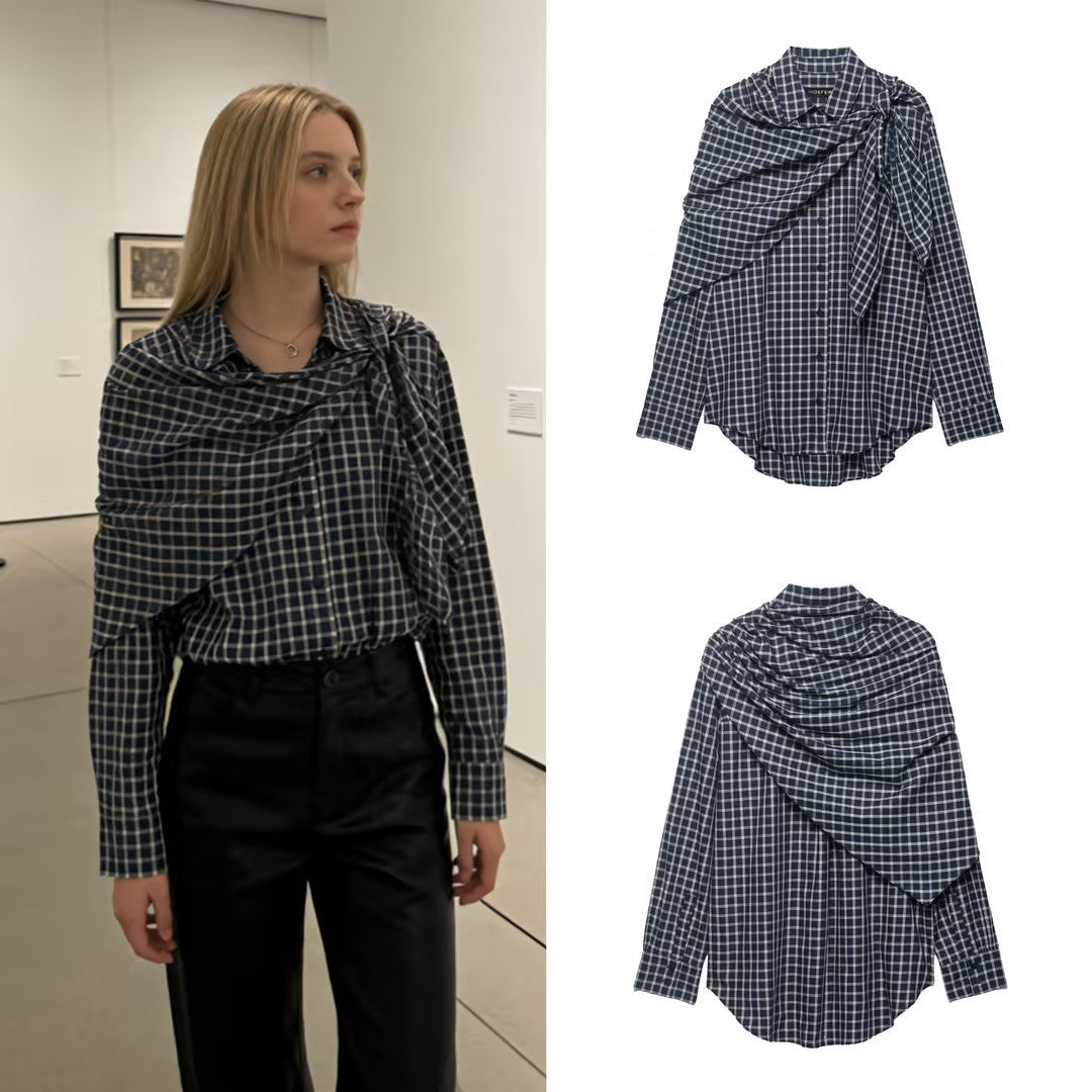 Damen Oversize Hemdbluse mit integriertem Schultertuch und Vichy-Karo Echo Archiv