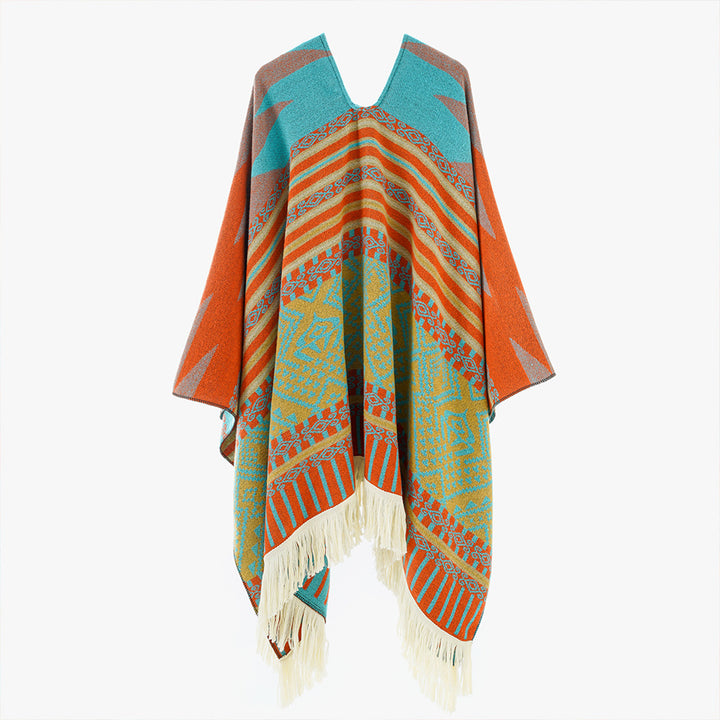 Damen Gewebter Jacquard-Poncho mit V-Ausschnitt, Ethno‑Print und Fransen – Avérine