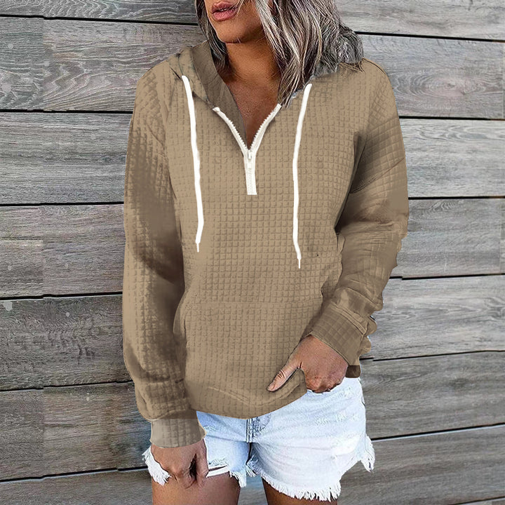 Damen Waffelstruktur Kapuzenpullover mit Halbzip, Kängurutasche und lässigem Oversize‑Schnitt Echoarchiv
